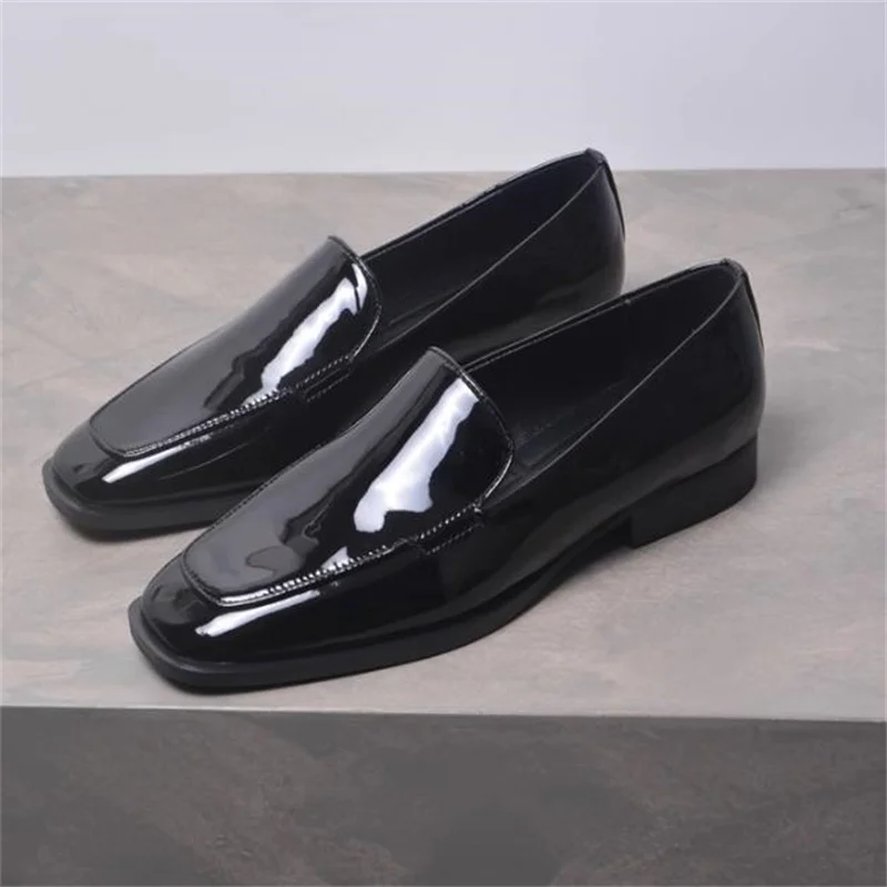 

Sewing Lines Shoes for Ladies Square Toes Womens Low Heels Female Loafers Patent Leather Zapatos Mujer Shallow Chassure Femme