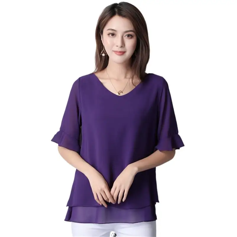 

2022 Summer Solid Blouses Womens Casual Loose Chiffon Shirt Blusa Feminina Flare Sleeve Tops Blusas mujer de moda 2022