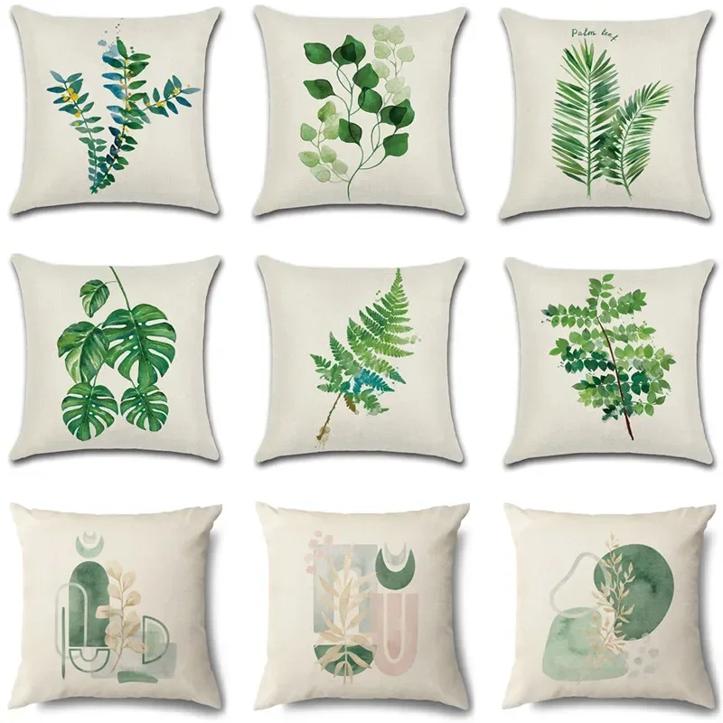 Green Leaf Pillowcase, Simple Style Linen Decorative Pillowcase, Home Decor, Living Room Sofa Cushion Cover 60x60 50x50 45x45