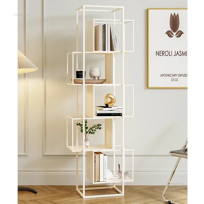 Italian Metal Bookshelf for Living Room Cream Vertical Hollow Bookcases Light Luxury Creative Design Bookcase for Art Gallery