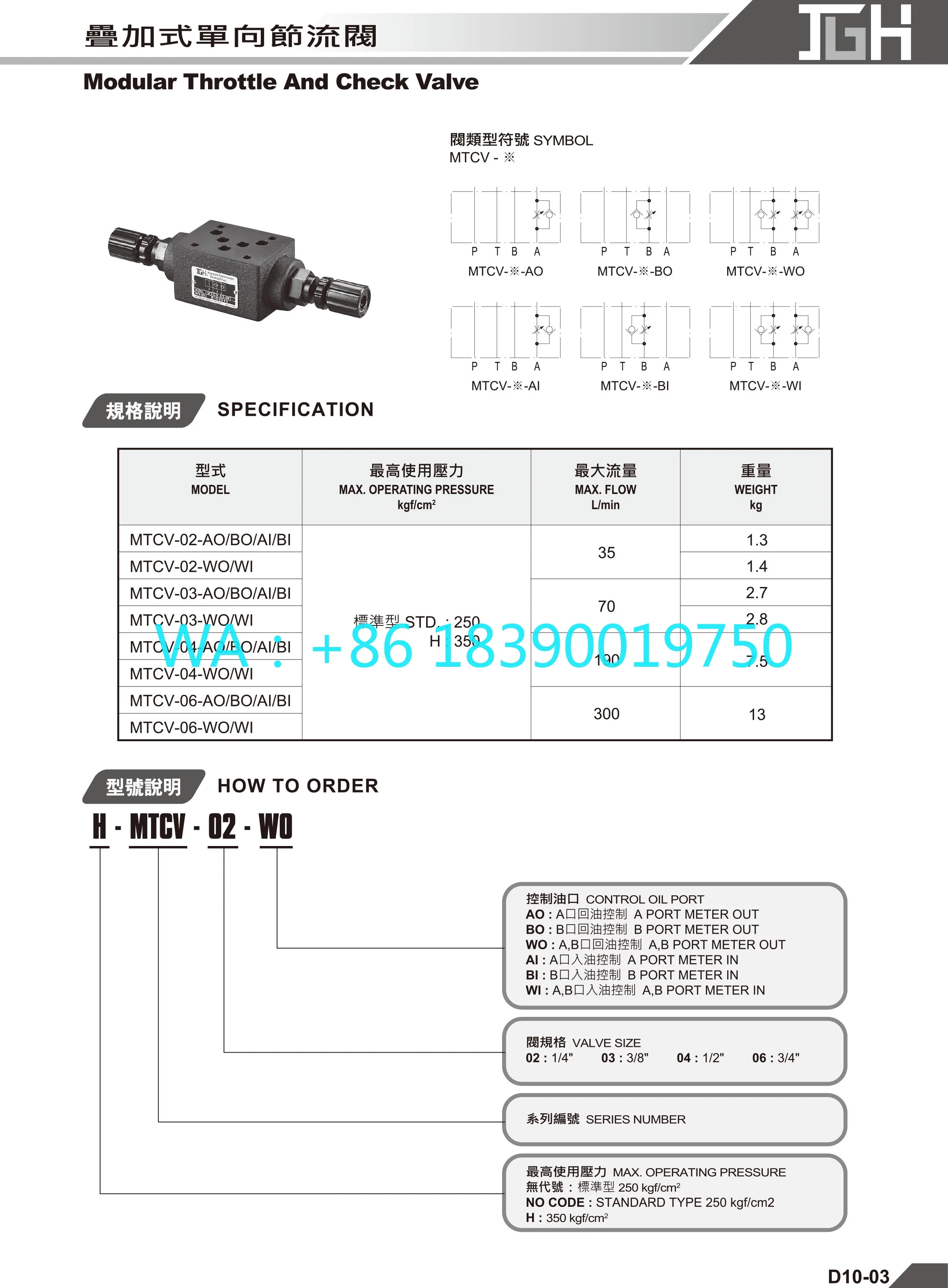 MTCV-03-A/B Hydraulic Modular Check and Throttle Valve