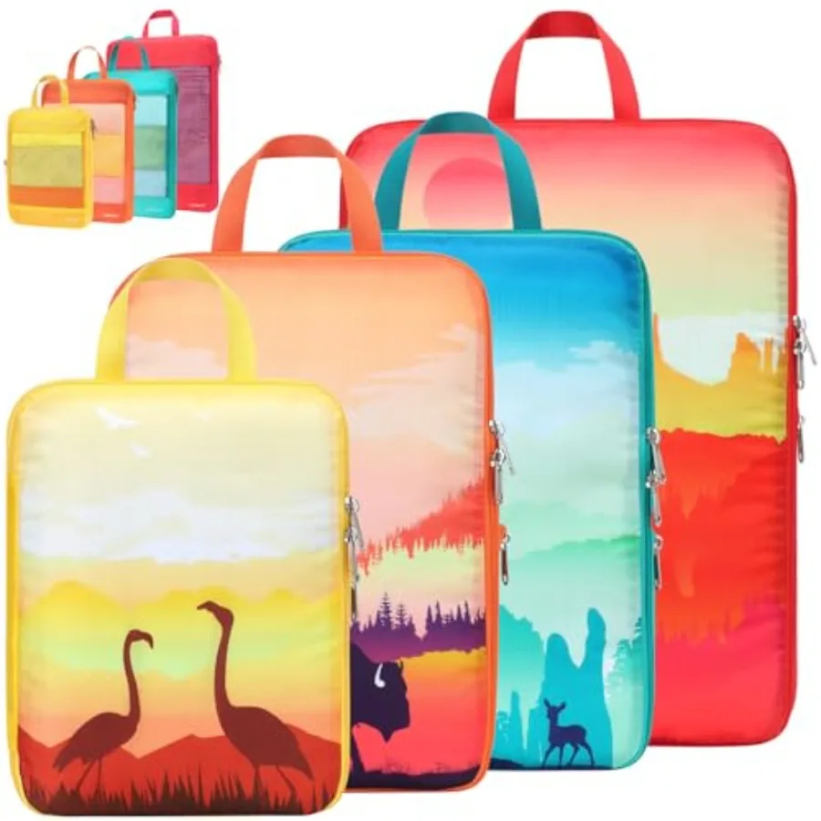 

See Through Mesh Compression Packing Cubes for Travel Women - 4 Set Lightweight Expandable Compression Cubes for Travel Packing