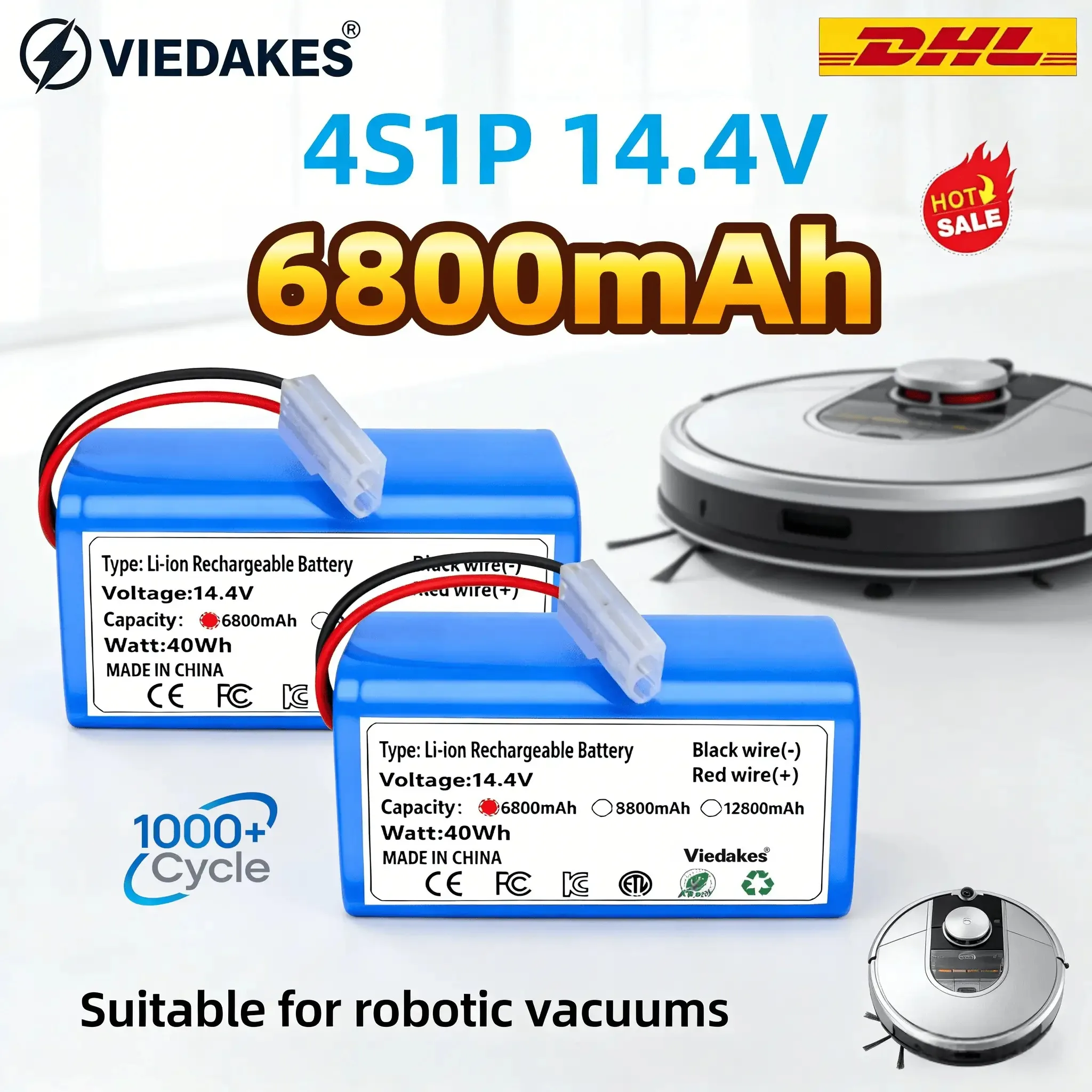 

4S1P 14.4V 6800mAh Li-ion Battery Pack,For XIAOMI MIJIA Mi Robot Vacuum-Mop Essential G1 MJSTG1, SKV4136GL H18650CH R30 R35