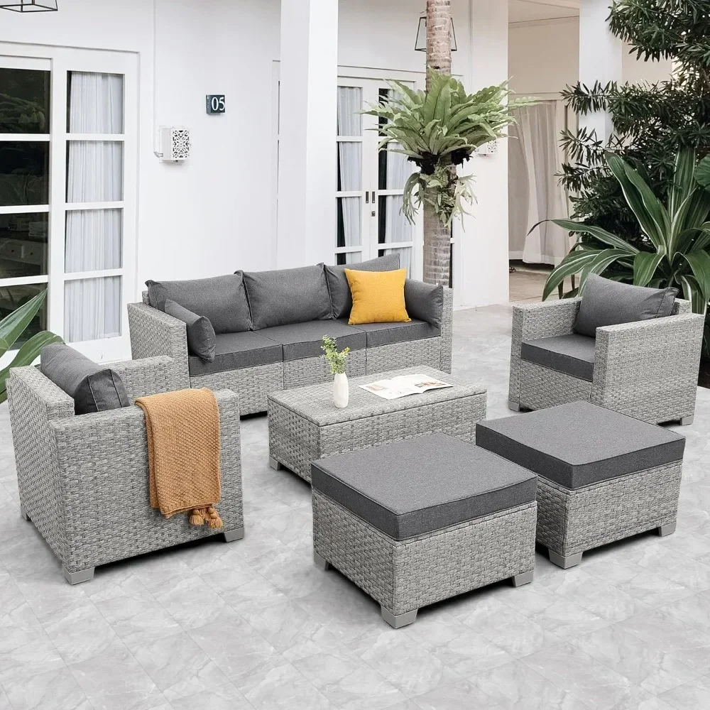 

Patio Furniture Set 6 Piece Outdoor Patio Set Grey Wicker Balcony Furniture Conversation Sets PE Rattan Couch Sofa
