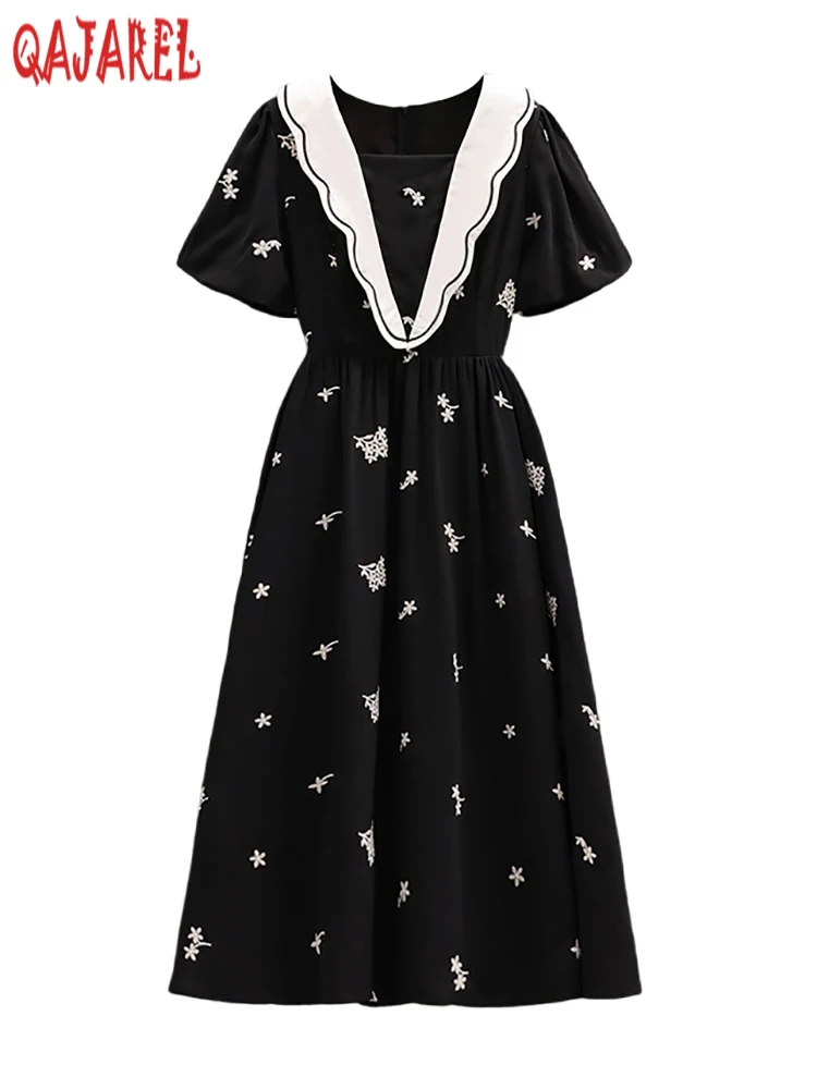 

Elegant Black Embroidery Floral Luxury Ladies Long Dress Summer Short Sleeve Ruffled Casual Dress 2024 Vintage Hepburn Vestidos