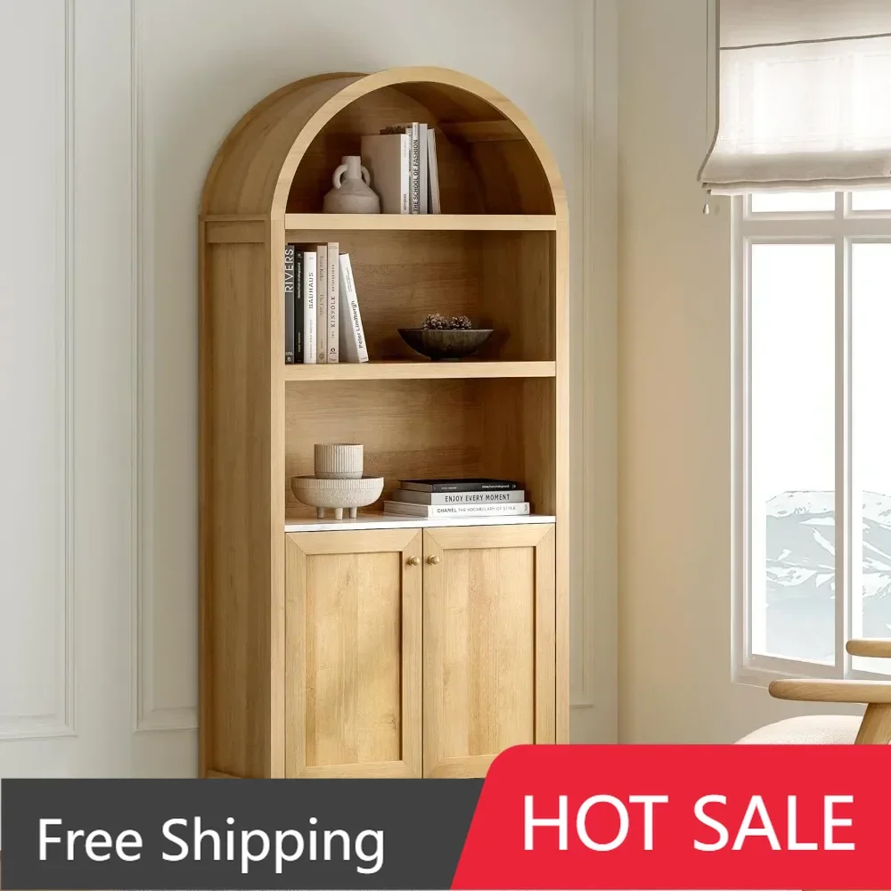 Wysoka łukowa szafka 71 cali, 5-poziomowa łukowa szafka na książki z drzwiami i półkami, do salonu, naturalny dąb