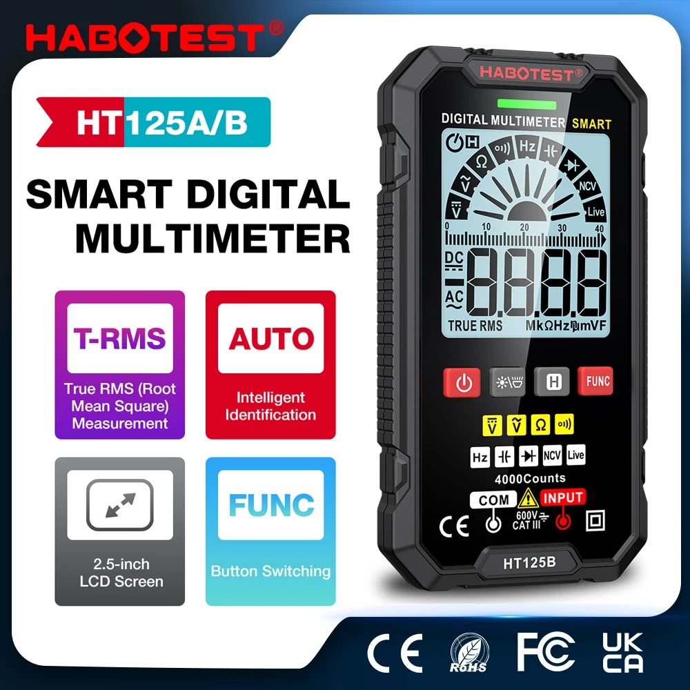 HABOTEST HT125 Digitale Slimme Multimeter 4000 Telt 600 V AC DC Spanningsmeter Ture RMS NCV Tester Ohm Capaciteit Hz Multitester