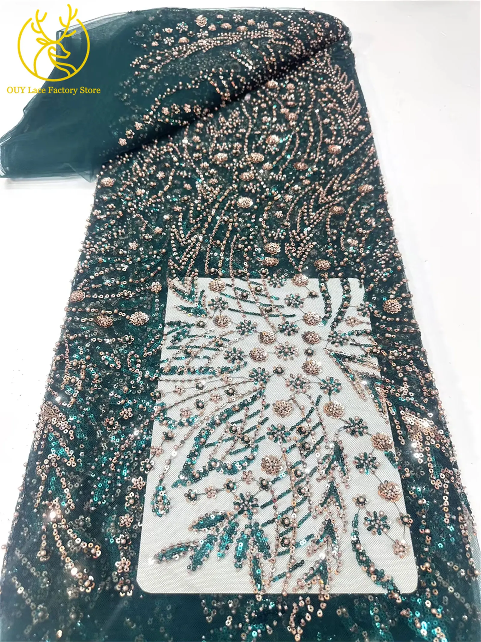 Afrikanischer Spitzenstoff, 5 Yards, hochwertiger nigerianischer Spitzenstoff mit Perlen und Pailletten, französische Tüllspitze zum Nähen von Hochzeits- und Partykleidern – Detail 24