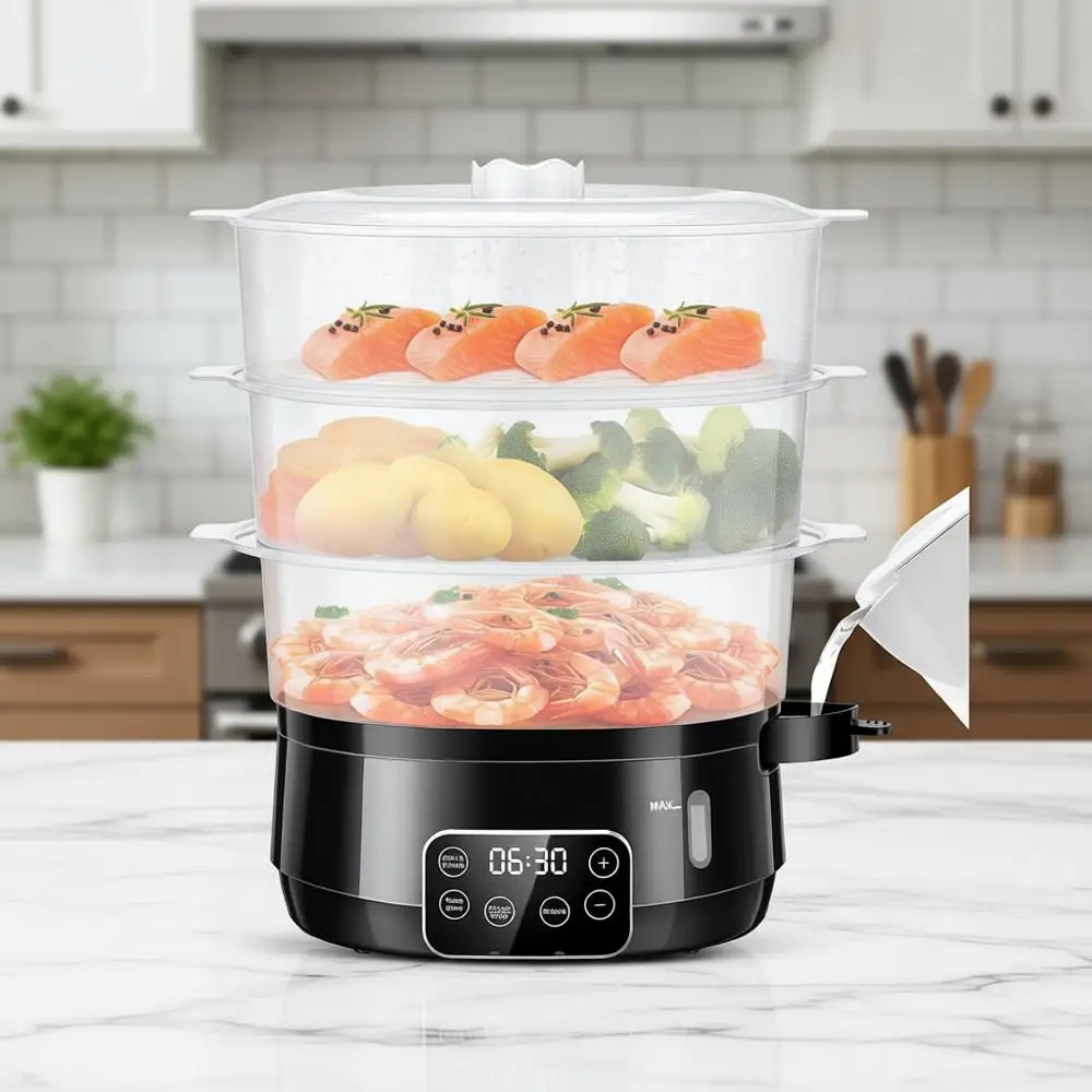 

Electric Food Steamer with 3 Tiers, Digital Steamer with Appointment, 800W Fast Cooking, Ideal for Veggies, Seafood, Rice, Black