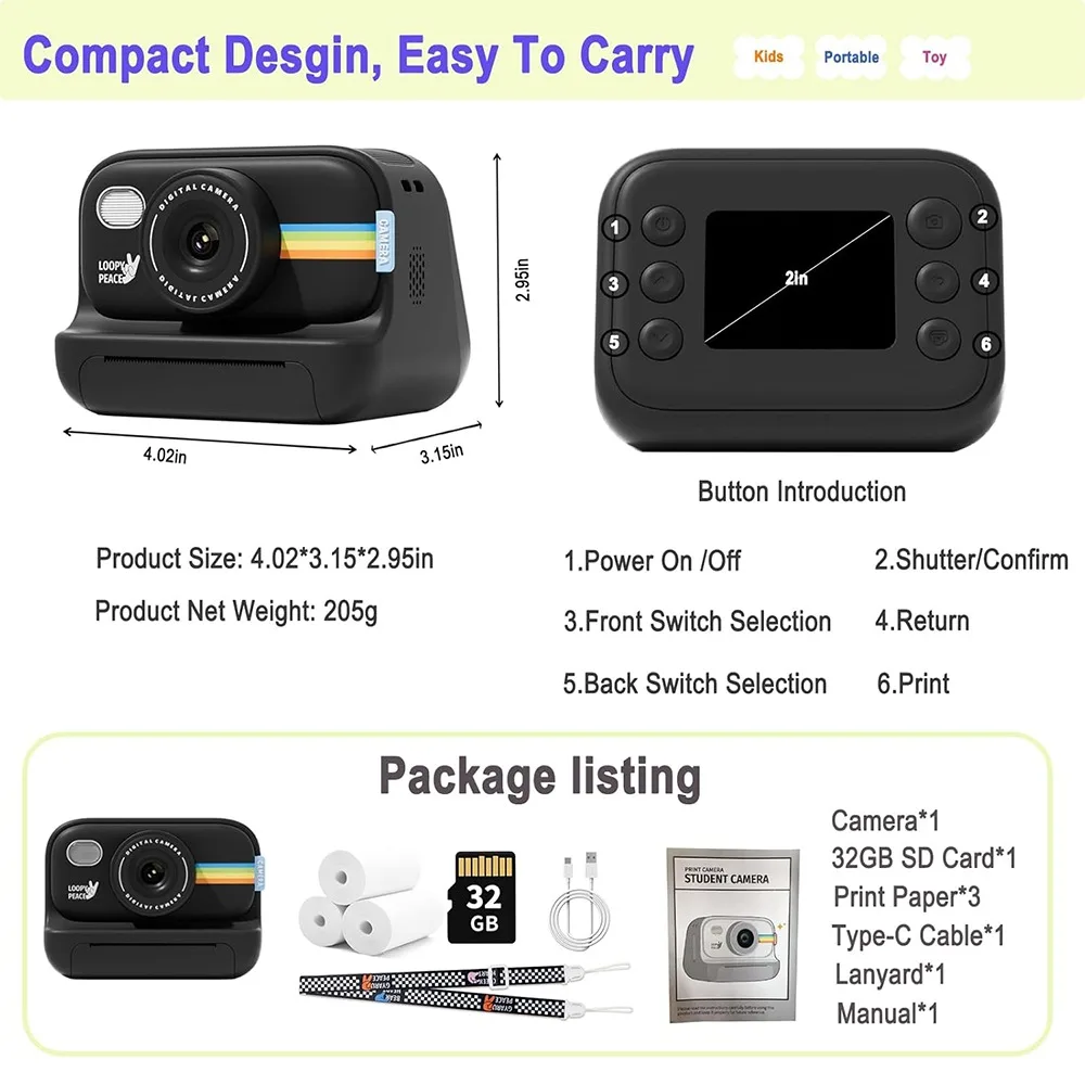 어린이 인스턴트 인쇄 카메라 HD 렌즈 2.0 인치 화면 줌 32GB 어린이 생일 축제 선물 여행 Selfie 디지털 카메라 완구