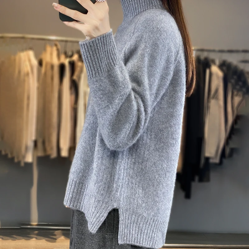 Turtleneck 100% Wool Sweater Women Fashion Solid Split Clothes Autumn Winter New Casual Tops Knitted Long Sleeve Female Pullover