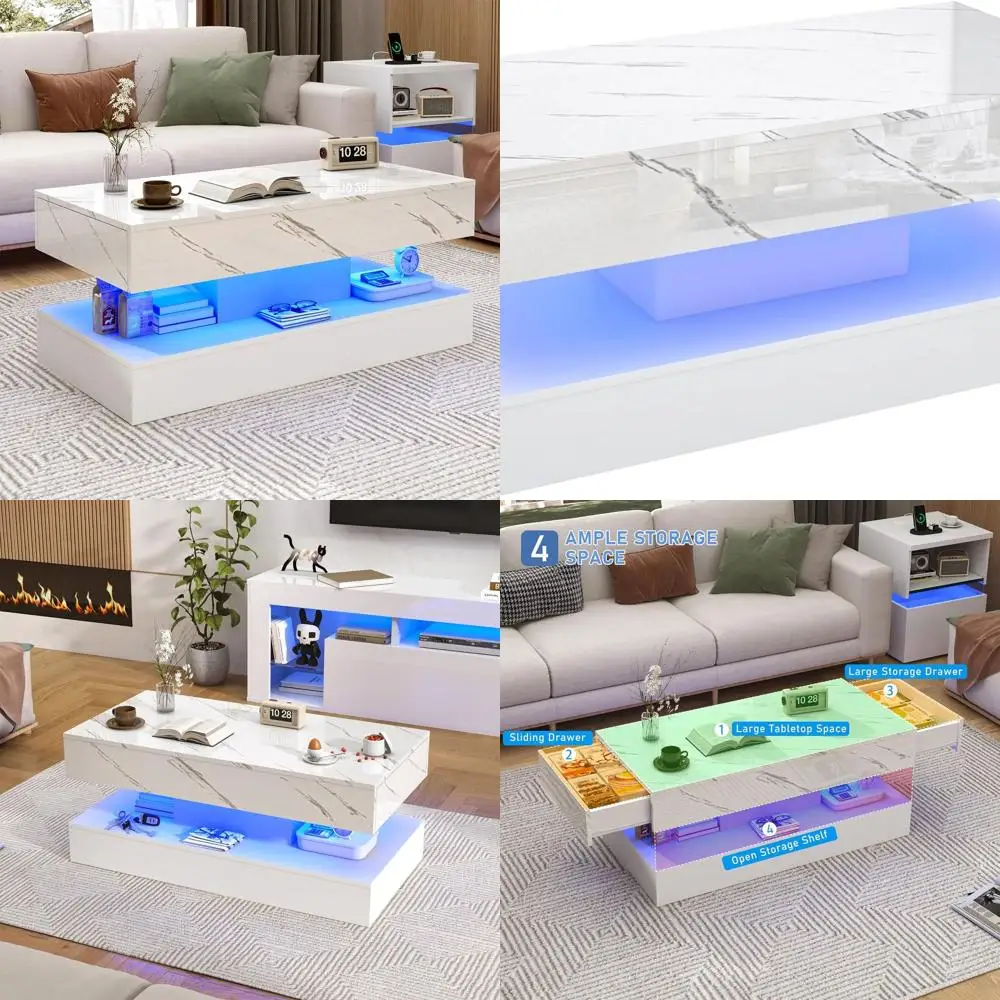 

Современный белый журнальный столик со светодиодной подсветкой, двумя выдвижными ящиками и мраморным принтом для стильного хранения в гостиной