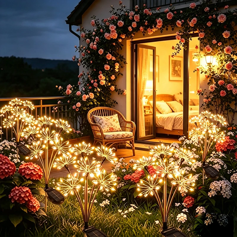 Solar Firework Fairy Garden Lights Outdoor Warm Lighting LED Waterproof Fairy Garden Decorfor Yard Patio Porch Pathway