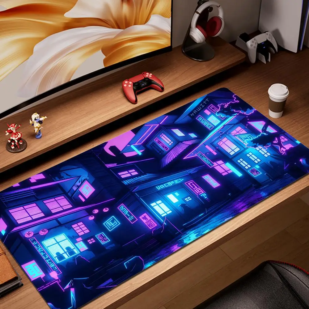 

HYBXAXC Mousepad Gamer Neon City Street Art Mouse Mat Purple Japanese Anime Desk Mats Big Personalized Gaming More Sizes