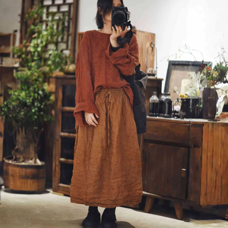 

Double Layer A-line Ramie Women Casual Skirts Newest 2026 Spring Vintage Style Striped Loose Elastic Waist Female Long Skirts