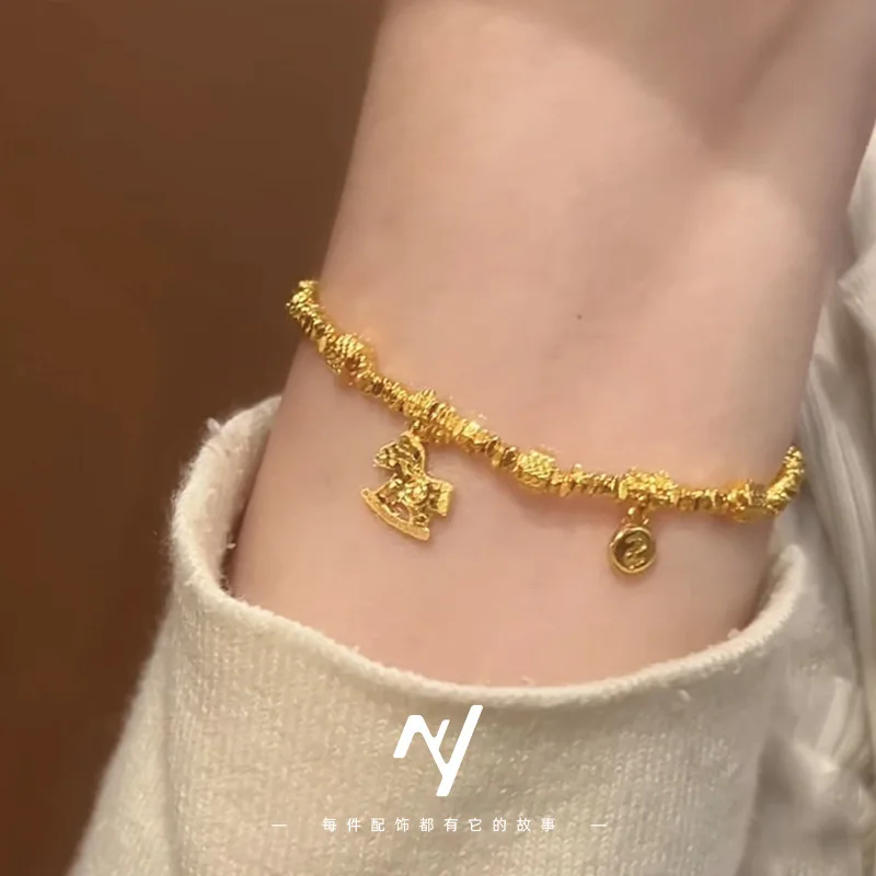 9999 24K Real Gold Light Luxury Design Horse Zodiac Sign Will Make You Rich Soon Bracelet Ring