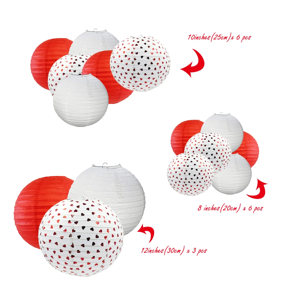 15 Pc Paper Lanterns Heart Party Decorations Red and White Paper Ball Indoor Outdoor - Wedding Graduation Birthday Events Party