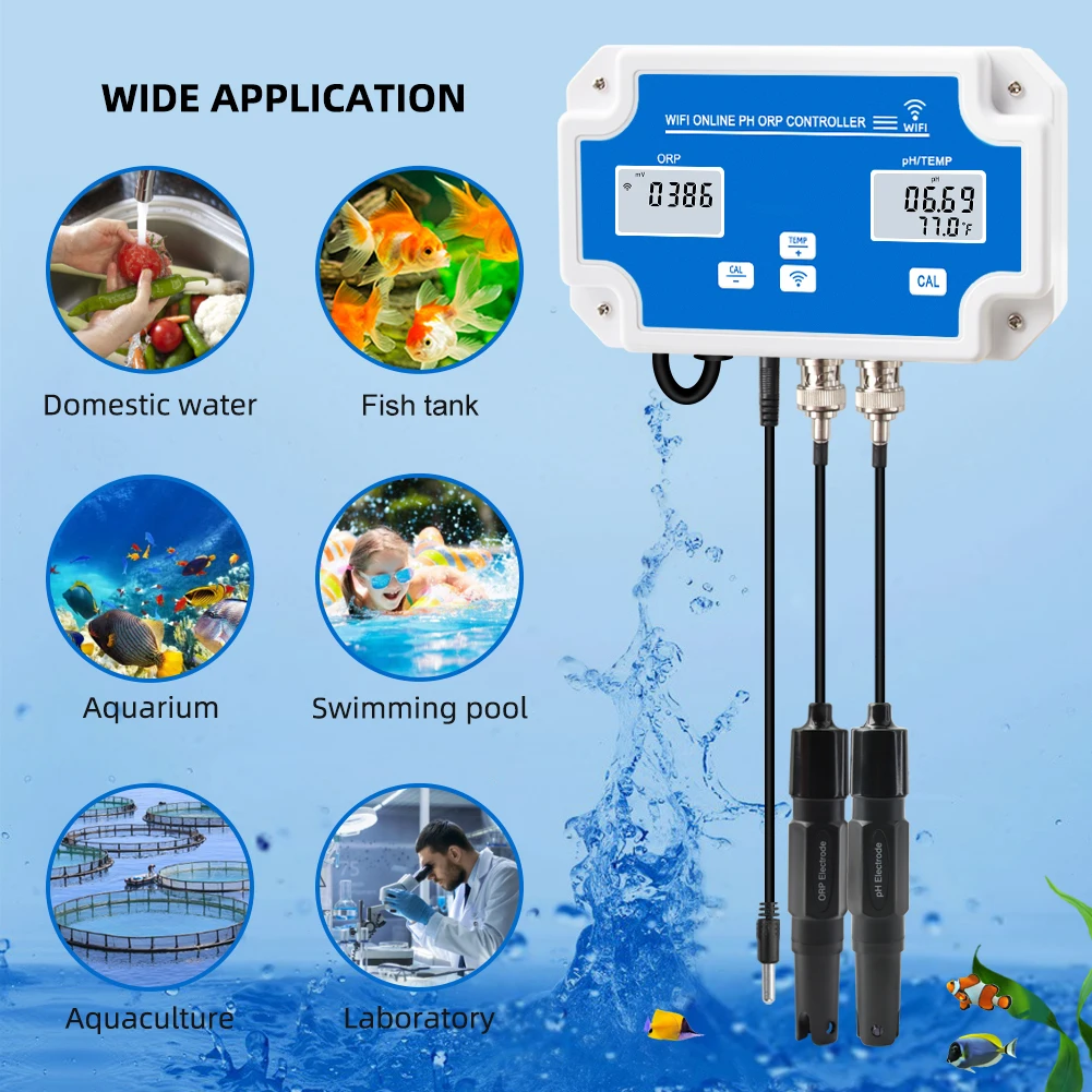 WiFi Temp ORP Misuratore PH Tester di qualità dell\'acqua Analizzatore pH Redox Controller Monitor online remoto intelligente per acquari Piscina