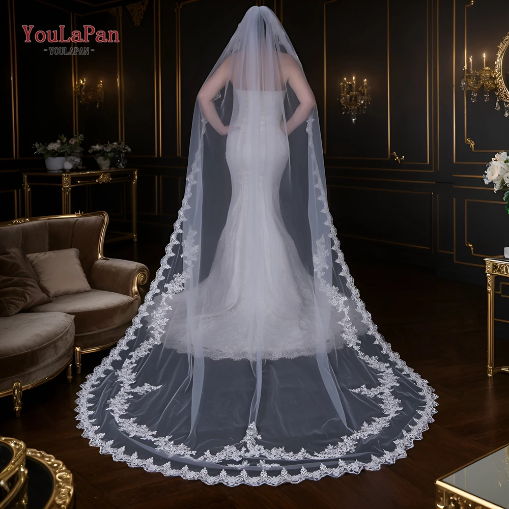 YouLaPan V110 Real Photo Bride Bride Veil Long with Comb Cathedral Length Lace Wedding Veil with Partial Trim Soft Single Tier