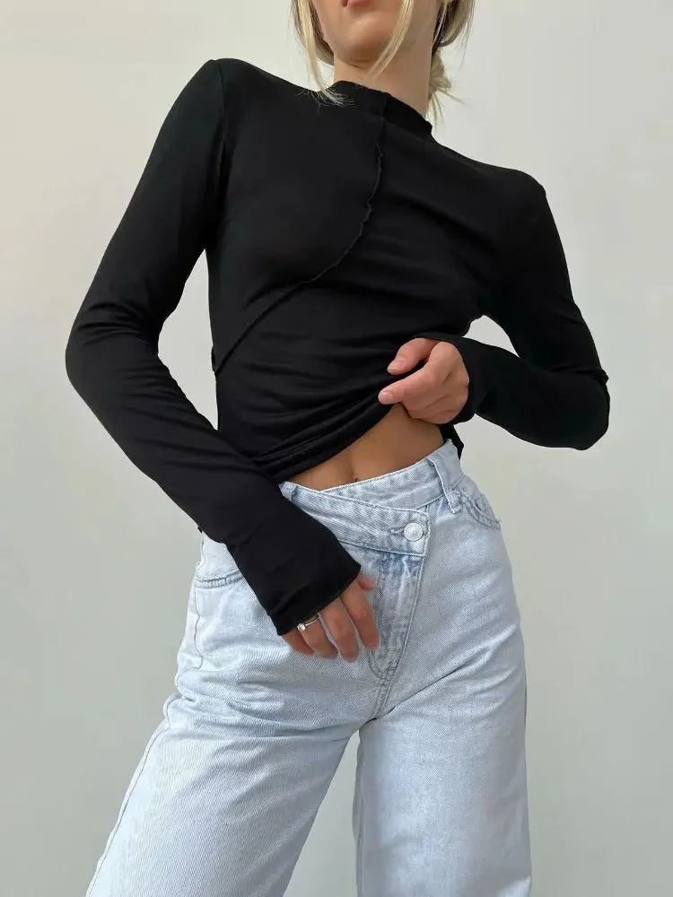 Sumuyoo Splice Slim Fit Long Sve Women Tirt Spring Autumn Season Other Material 00% Base Layer Pants Ladies Faion