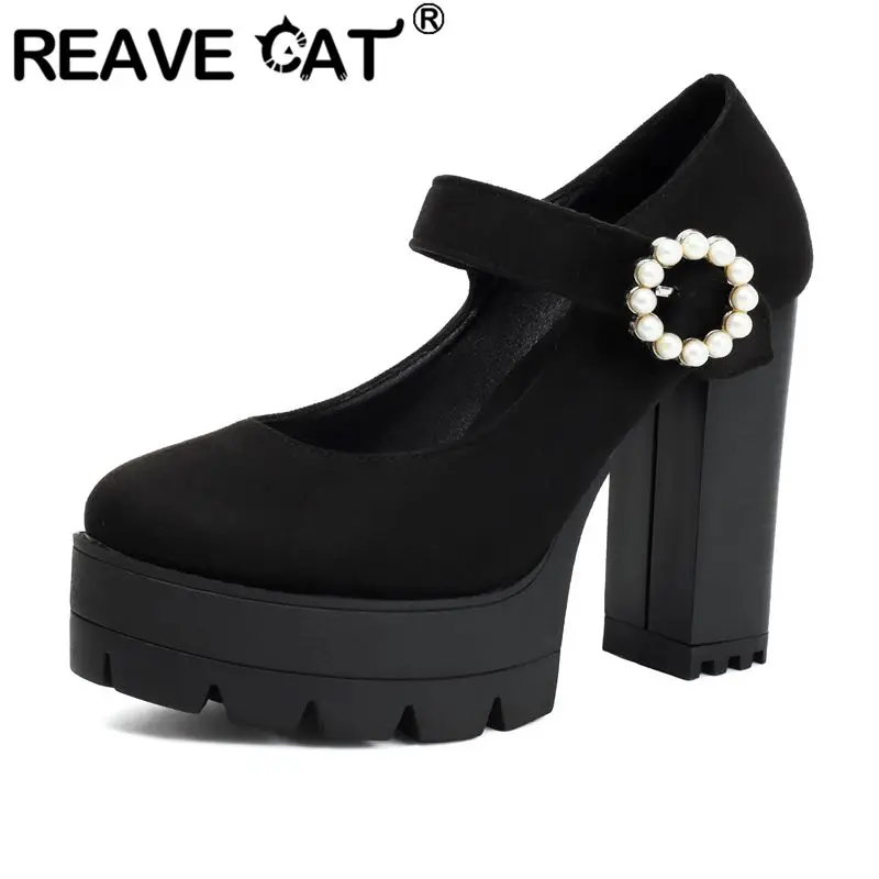 REAVE CAT Black Flock Suede Women Pumps Round Toe 11cm Chunky Heel 3.5cm Platform Buckle Strap String Beads Big Size 42 43 44 45