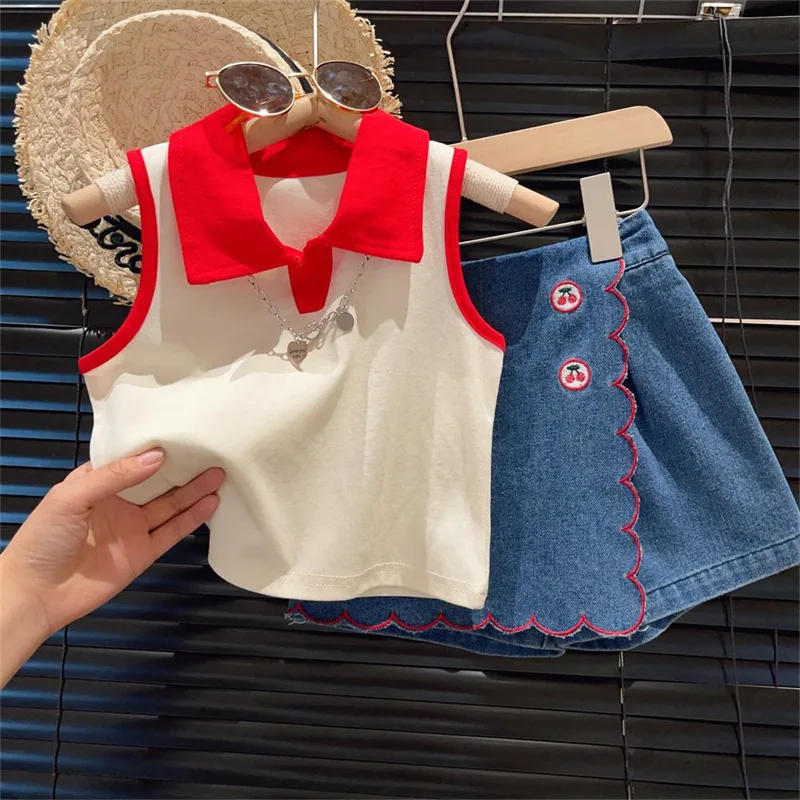 Children\'s Clothing Sets Lapel Sleeveless Top + Flip Cherry Embroidered Denim Shorts 2pcs Girls Clothes Set 2 To 7 Years