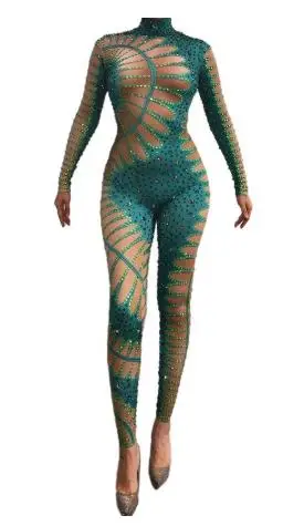 

Fashion Rhinestones Green Nude Jumpsuit Performance Party Celebrate Stage Show Costume Sexy Stretch Dance Bodysuit