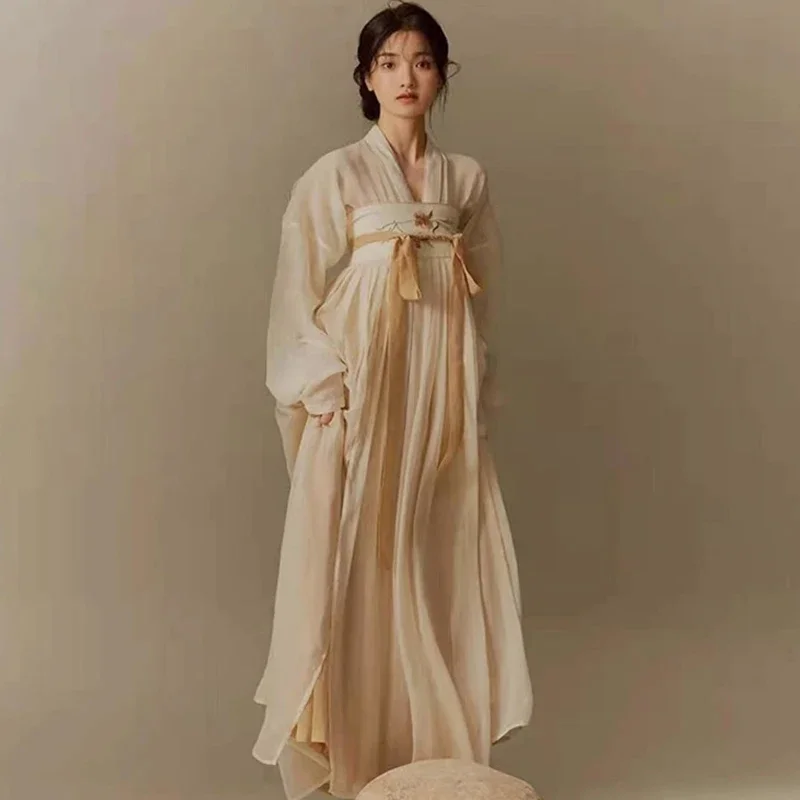 

Ancient Apricot Hanfu Suit Traditional Chinese Tang Costume Spring Autumn Long Horse Face Skirt Classic Gentle Vintage Cheongsam