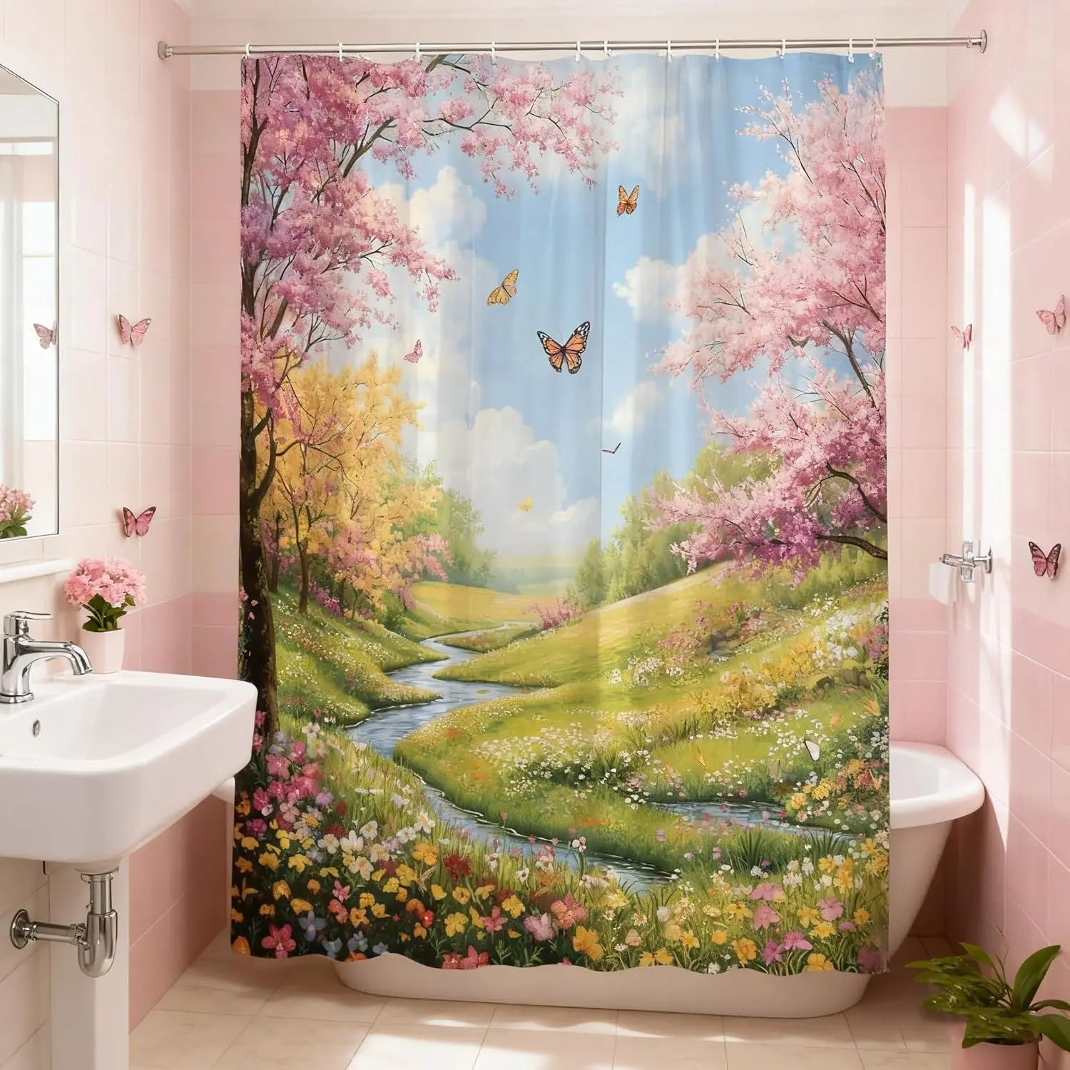 

Enchanted Forest Shower Curtain Pink Cherry Blossom Fairy Tales Fantasy Butterfly Wonderland Magic Floral Spring Flower Scenic