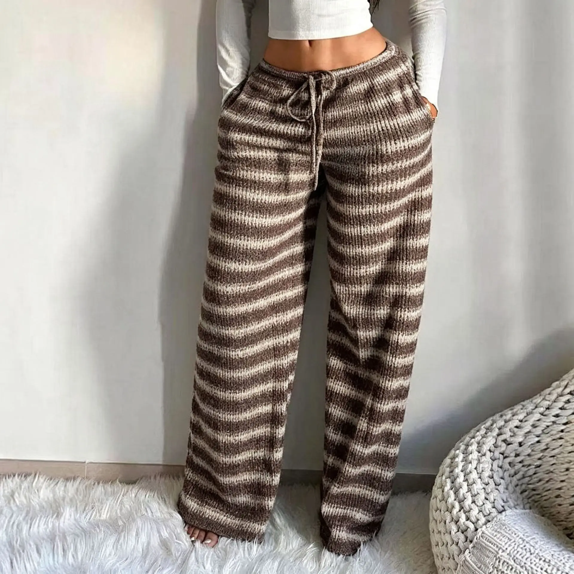 Women's Gradient Knitted Wide Leg Casual Pants With Soft Fabric Suitable For Home Relaxation And Leisure Travel In Spring Autumn