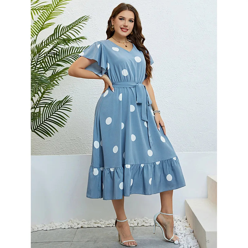 Robe mi-mollet à manches courtes pour femmes, grande taille, col en V, bleu, pois, papillon