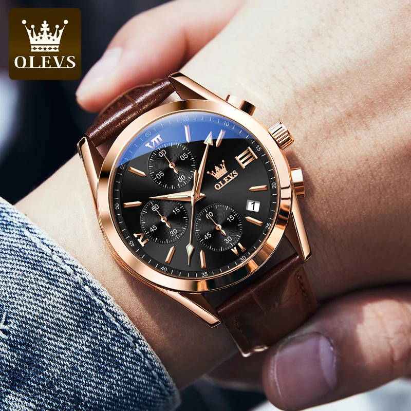 นาฬิกาข้อมือผู้ชาย OLEVS รุ่นโครโนกราฟอเนกประสงค์ ยี่ห้อแท้ สายหนัง กันน้ำ นาฬิกาควอตซ์สำหรับนักธุรกิจ