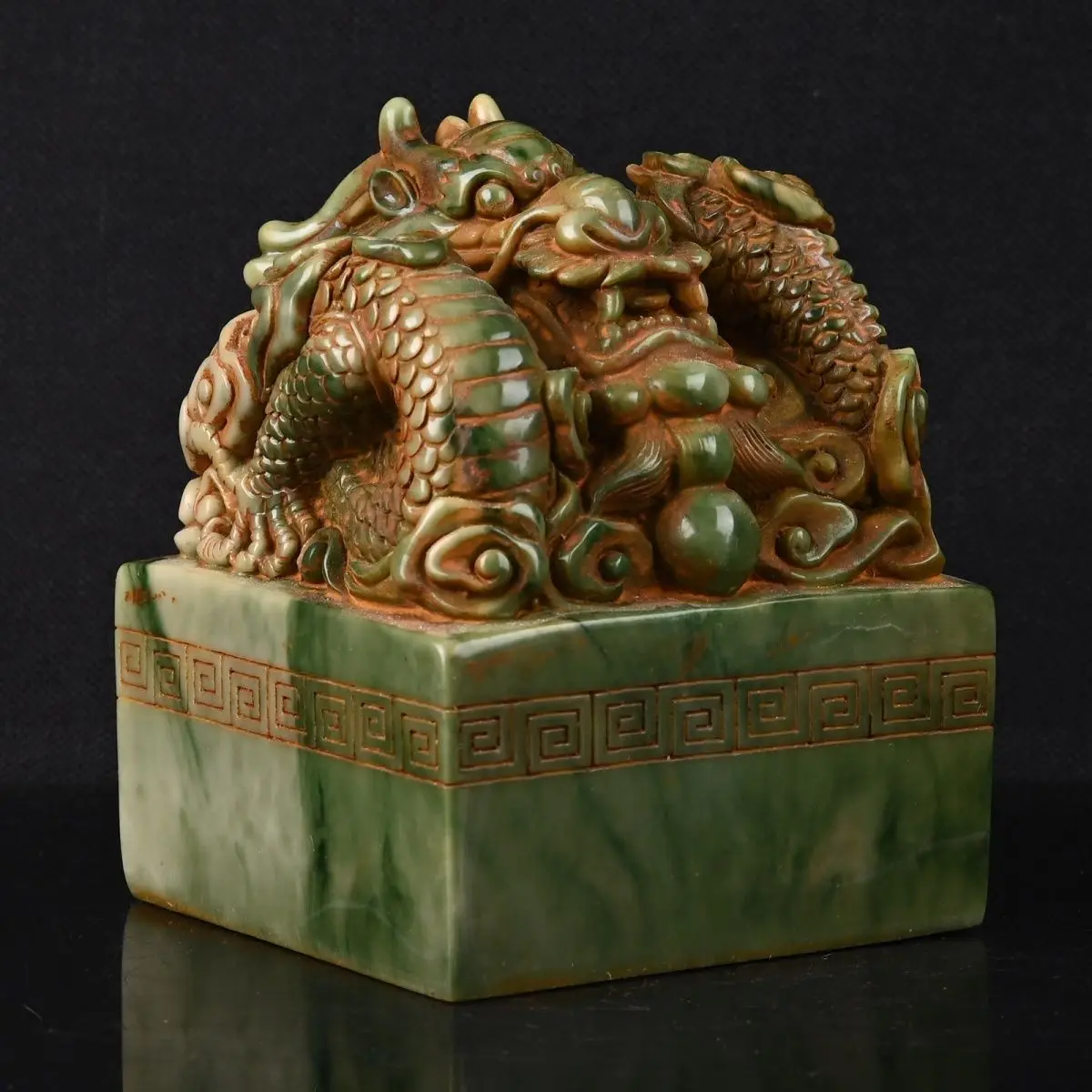 Antique Chinese Green Jade Imperial Seal, Carved Dragon Playing Pearl, Cloud & Spiral Pattern Square Seal