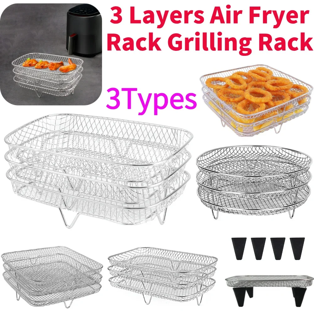 3 Layers Air Fryer Rack Stackable Grilling Rack Stainless Steel Mesh Grill Basket Steamer Cooker Kitchen Gadgets Cooking Tools