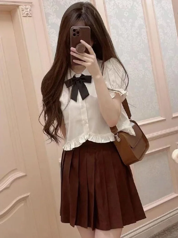 Summer Peter Pan Collar Sweet Womens Blouse Y2k Aesthetic Short Sleeve Bow Blusas Japanese Ruffled Pleated Fairy Fashion Shirt