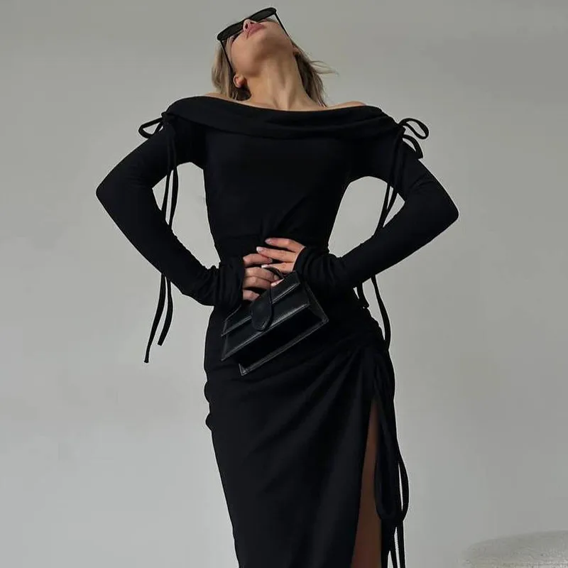 

Sexy Off-Shoulder Black Midi Dress Flared Sleeve Casual Patchwork High Split Lace-up Long Sleeve Homecoming 2024 Chic Lady Dress