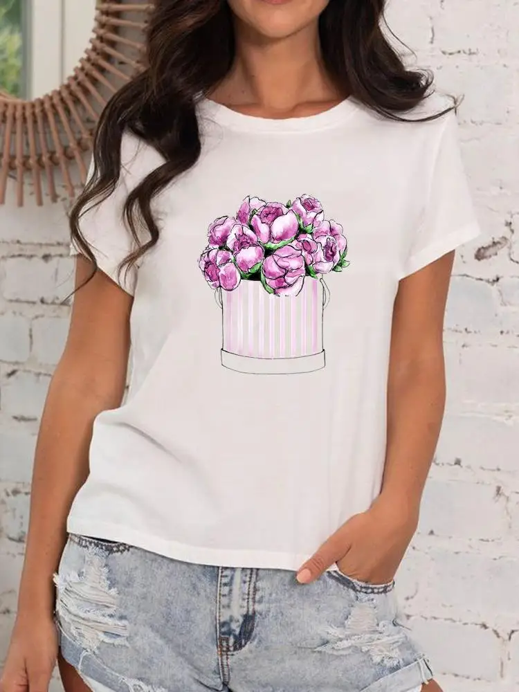 Di modo T Abbigliamento Delle Donne Delle Signore Casual Femmina Fiore Dolce 90s Tendenza Della Stampa Manica Corta T-Shirt Vestiti Graphic Tee