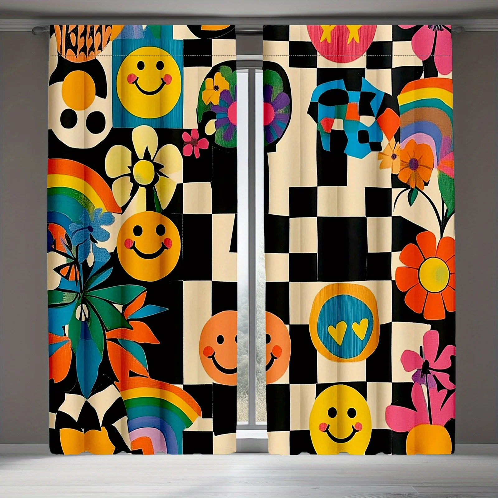 Vibrant Rainbow Smiley Floral Pattern Curtains for Kids Nursery Bohemian Style Checkered Window Drapes Home Decoration