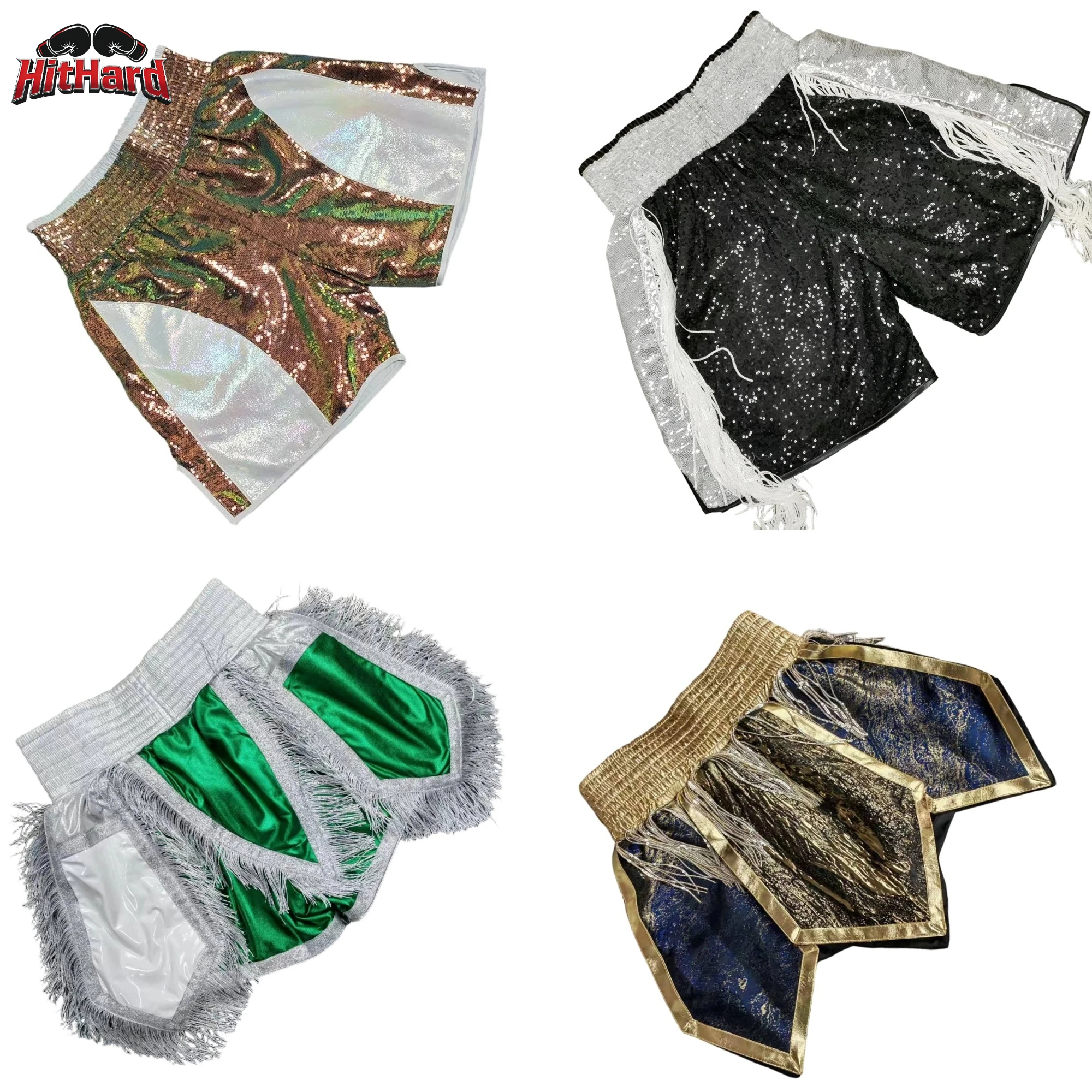 Sequin Muay Thai Shorts Women's Men's Child Boxing Shorts Fringe MMA Kickboxing Shorts for Training Martial Arts Stage Cosplay