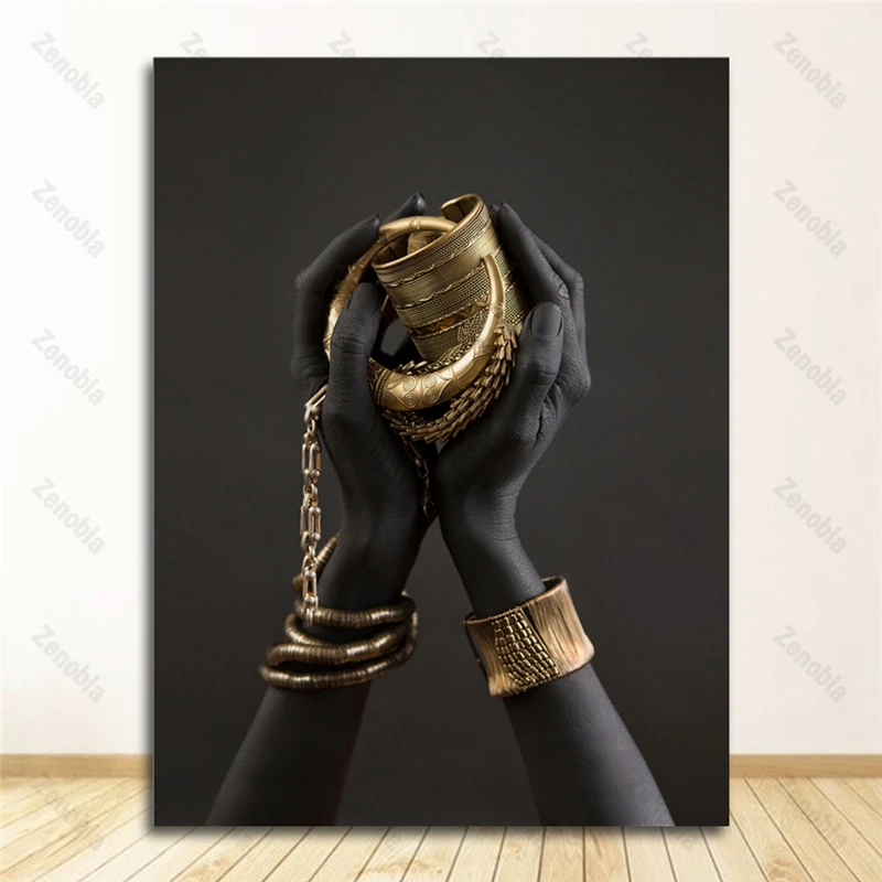 

African Art Poster Home Decor Wall Art Black and White Woman's Hand with Gold Jewelry Canvas Paintings Modular Prints Picture