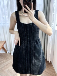 Tweed camisole short skirt,Black woven dress,female actress, elegant socialite style, classic temperament glitter dress women