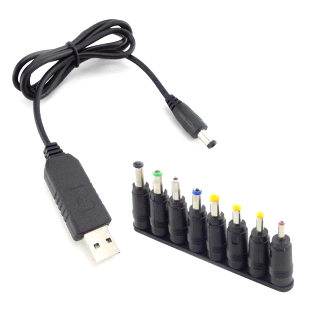 T23C USB Power Boost Cable USB To DC 12V Boost Converter Cable Flexible PVC Black With 8 DC Head Multifunctional Conversion Cabl