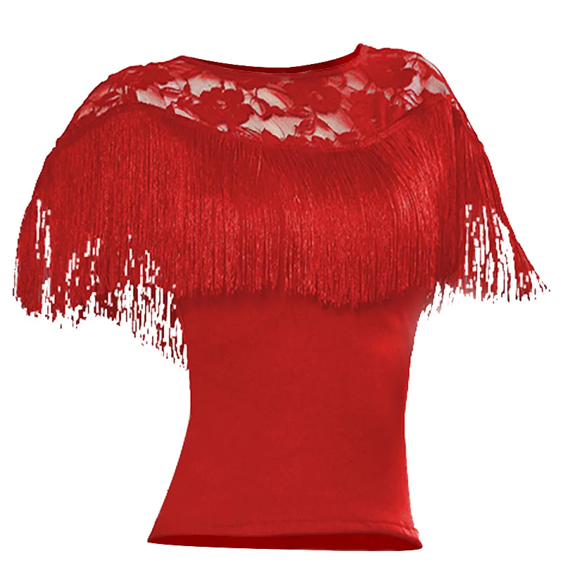 Lace Neck Fringe Design Women Latin Dance Tops Long Sleeve Women Black Latin Dancing Dress Cloth Tango Dancing Red T-shirts 2023