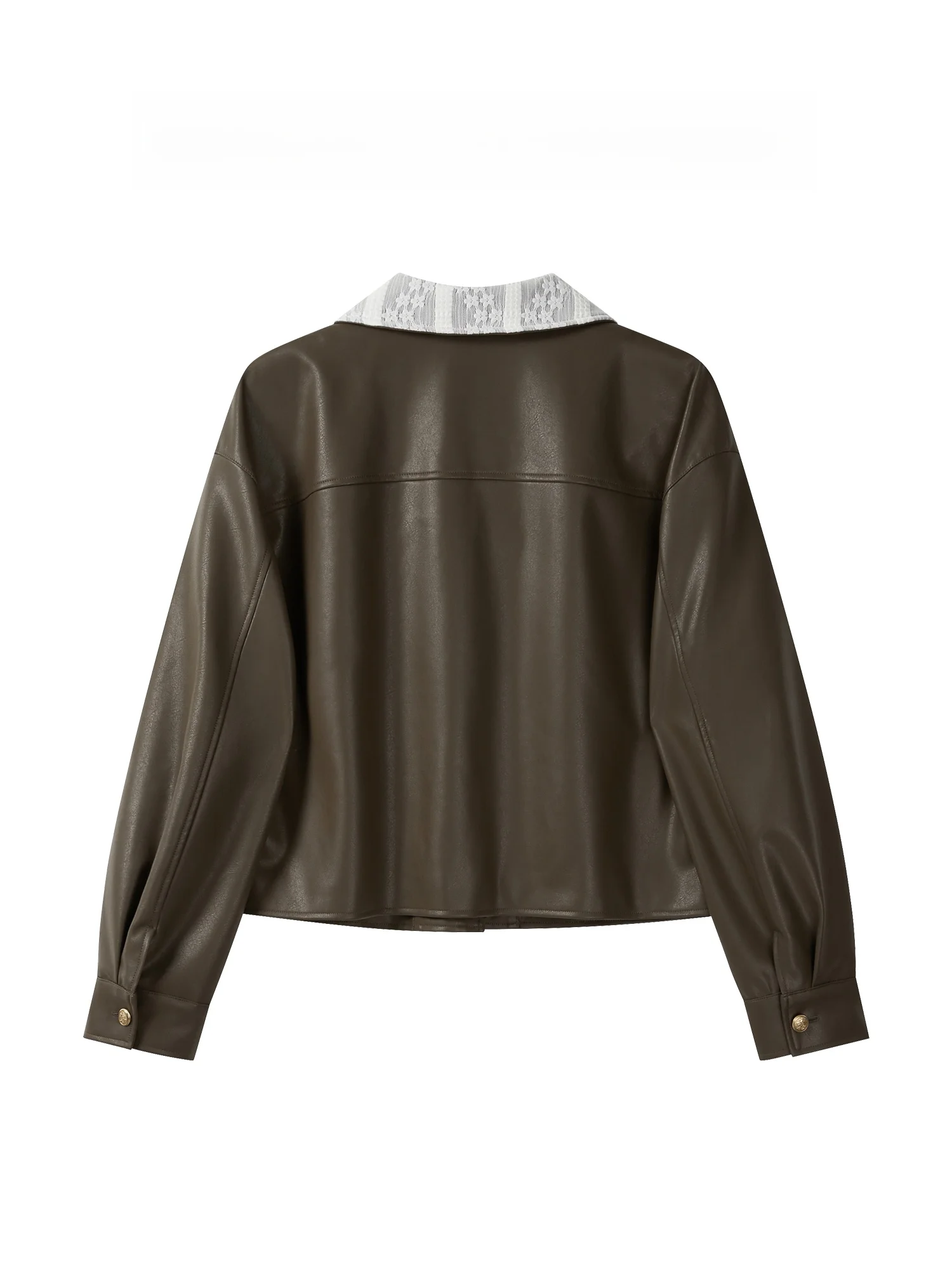 Jaqueta Feminina Americana de Couro com Gola de Renda Solta, Estilo Vintage Retrô, Coleção S de Yang Ci