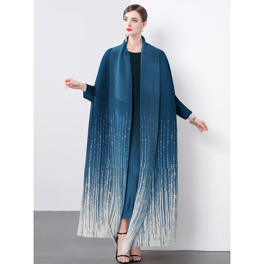 2024 Autumn Pleated Gradient Batwing Sleeve Loose Trench Coat New Miyake Elegant Women V Neck Lace Up Printed Loose Long Outwear