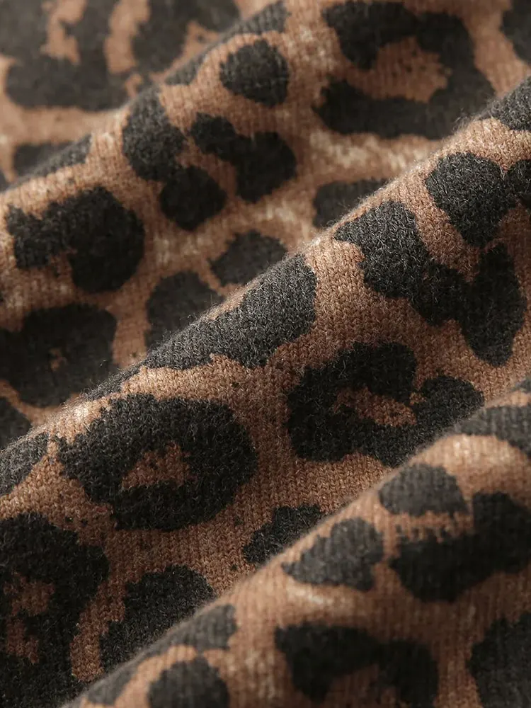 NLZGMSJ Damski kardigan z dzianiny na jesień 2025, wzór w panterkę, okrągły dekolt, długi rękaw, zapinany na guziki, sweter w stylu casual streetwear