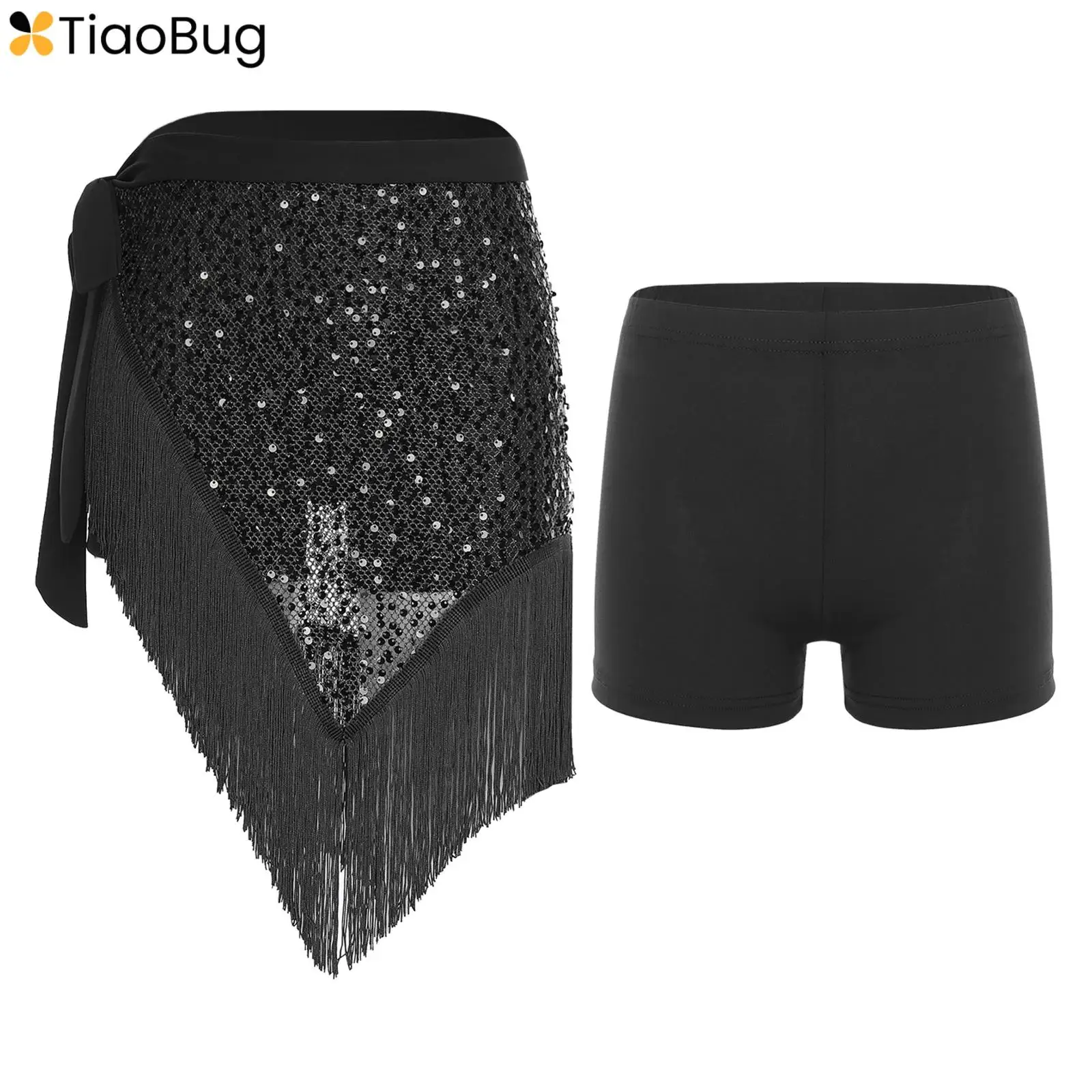 

Women's Belly Dance Hip Scarf with Safety Shorts Sequined Tassel Trim Side Lacing Irregular Hip Skirt Shorts Dance Costume 2Pcs