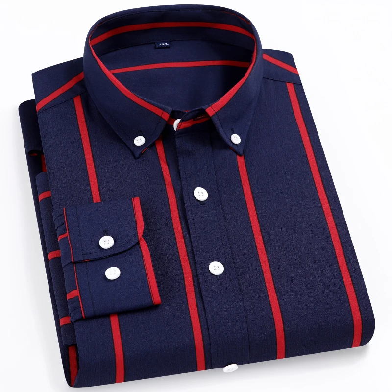 Men's Stretch Long Sleeve Dress Shirt, Business Casual Fashion Tops With Button-Down, Color Block Stripe Design, All-Season Wear