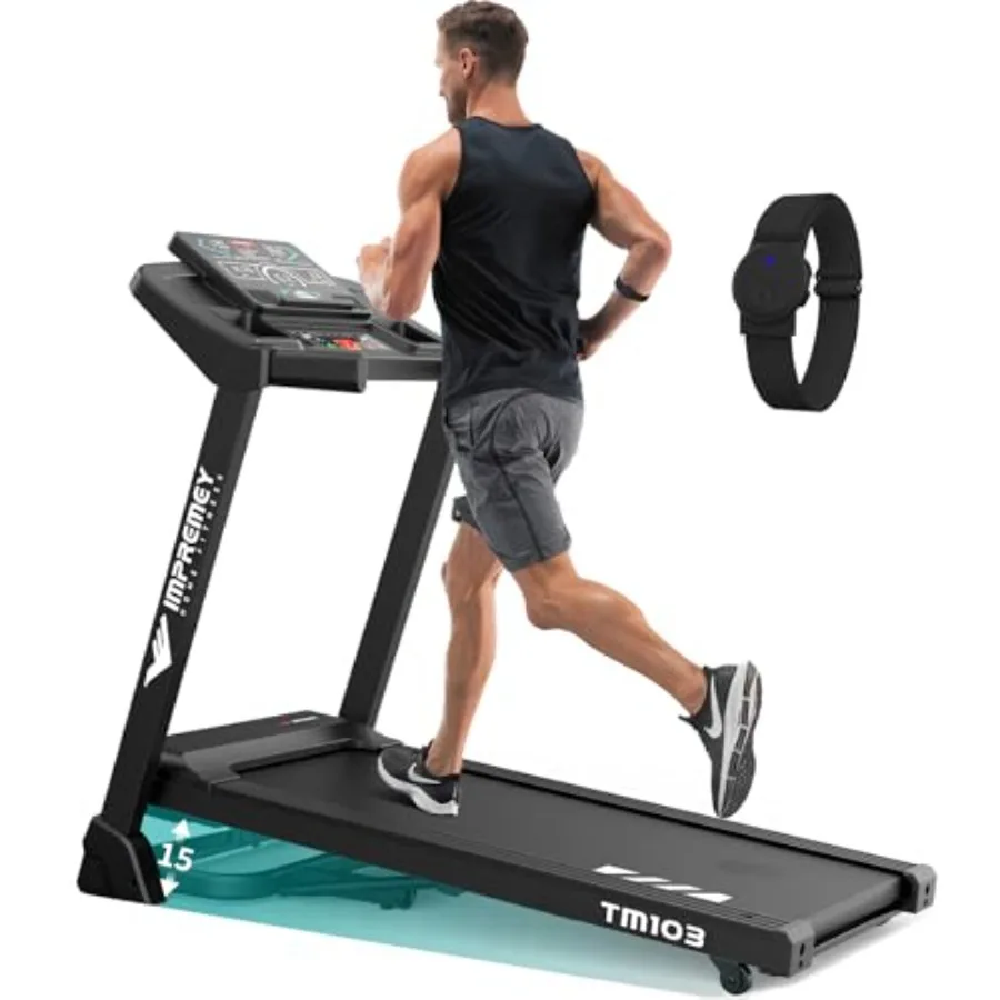 

Foldable Treadmill with 15 Incline Levels for Home Use in Black with Smart Heart Rate Control Pulse Monitor Armband Large LED S