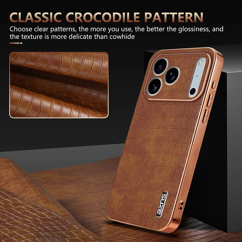 Retro Crocodile Pattern PU Leather Case For iPhone 17 Air 16 16e 15 14 13 12 11 Pro Max 16 Plus Plating Gold PC Frame Cover